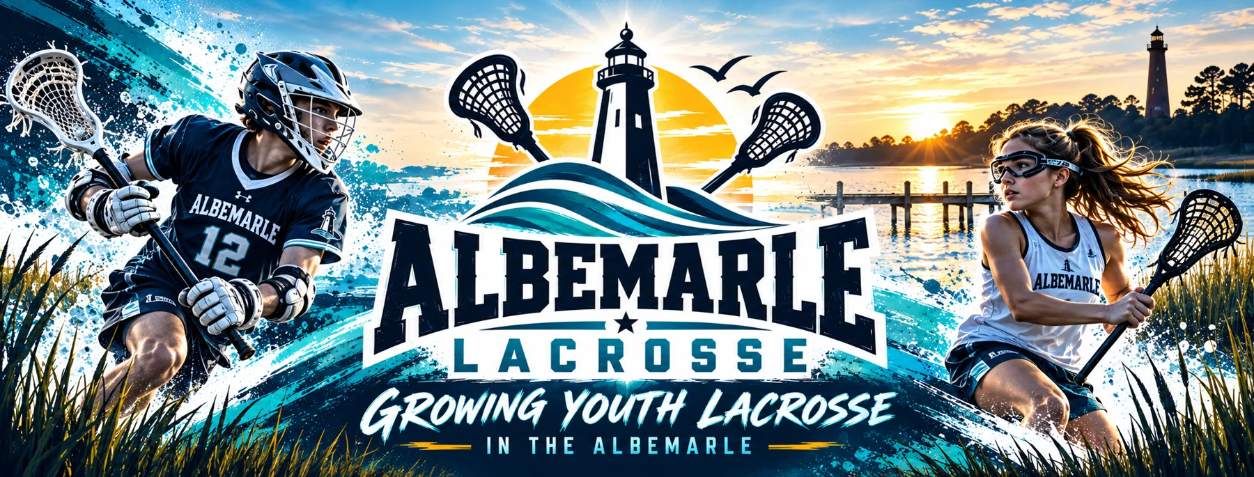 Albemarle Lacrosse coastal lighthouse banner featuring youth lacrosse players